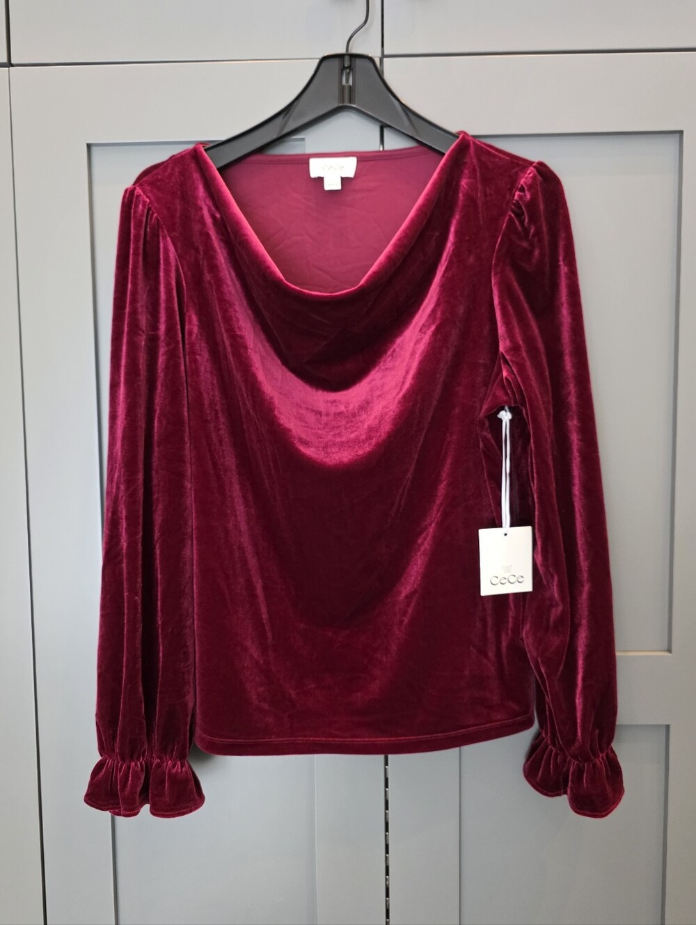 CeCe Burgundy Velvet Cowl Neck Ruffle Sleeve Top Romantic Whimsigoth Sz M NEW